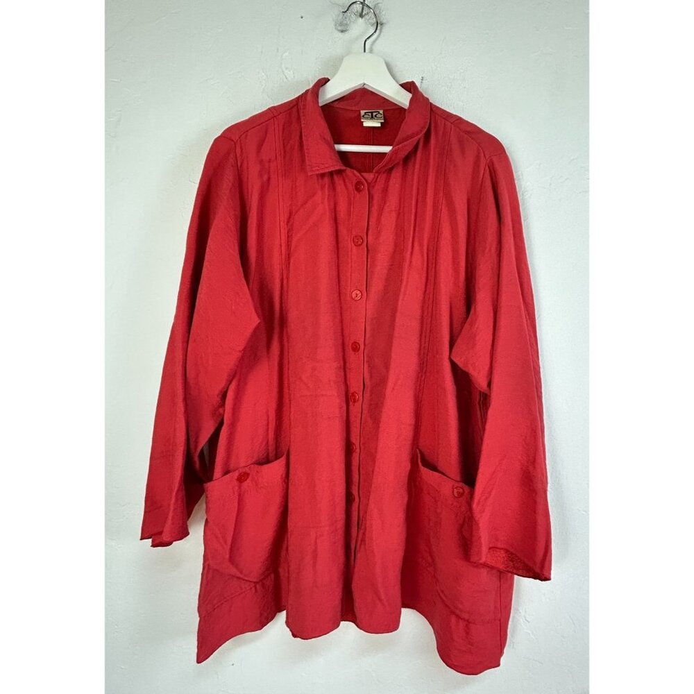 CTC Carol Turner Collection Women's Button Down Oversized Top Long Sleeve Red XL